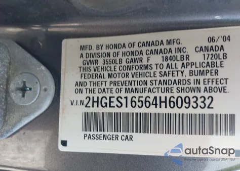 2004 Honda Civic Lx из США, поврежденный, VIN 2HGES16564H609332